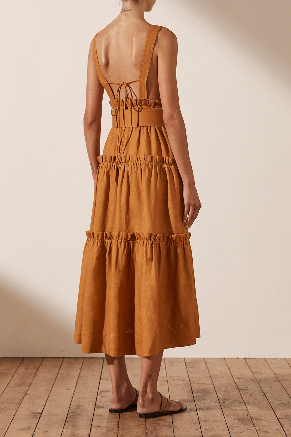 Aria Linen Tiered Midi Dress | Turmeric ...